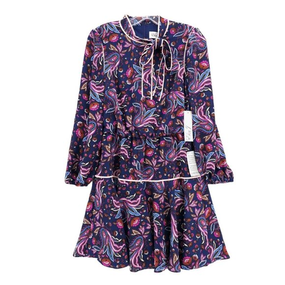 Eliza J Dresses & Skirts - NWT ELIZA J Dress Navy Pink Paisley Floral Blouson Fit Flare Neck Tie Size 6P